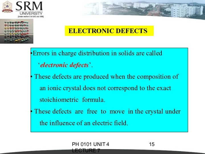 PH 0101 UNIT 4 LECTURE 7 ELECTRONIC DEFECTS Errors in charge distribution in