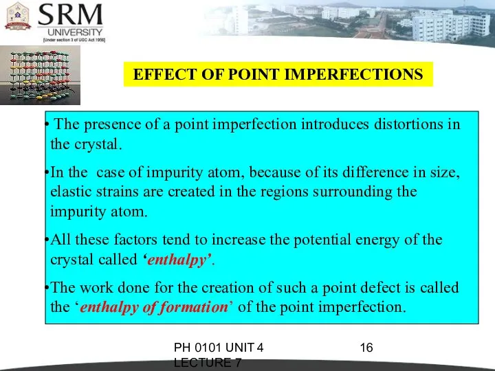 PH 0101 UNIT 4 LECTURE 7 EFFECT OF POINT IMPERFECTIONS The presence of