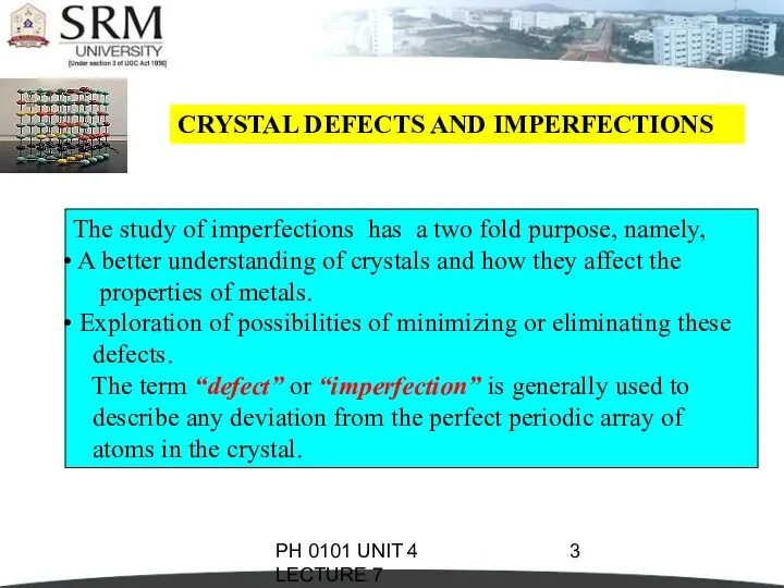 PH 0101 UNIT 4 LECTURE 7 CRYSTAL DEFECTS AND IMPERFECTIONS The study of