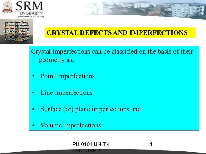 PH 0101 UNIT 4 LECTURE 7 CRYSTAL DEFECTS AND IMPERFECTIONS Crystal imperfections can