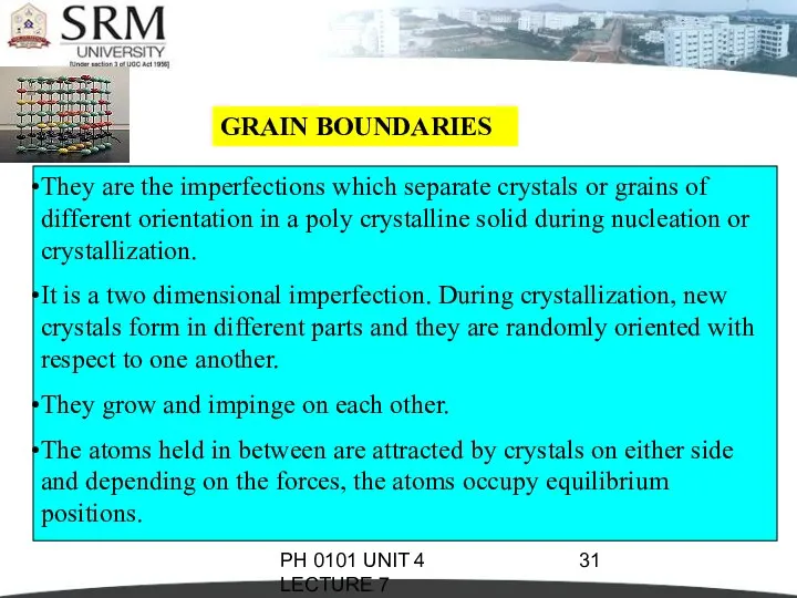 PH 0101 UNIT 4 LECTURE 7 GRAIN BOUNDARIES They are the imperfections which