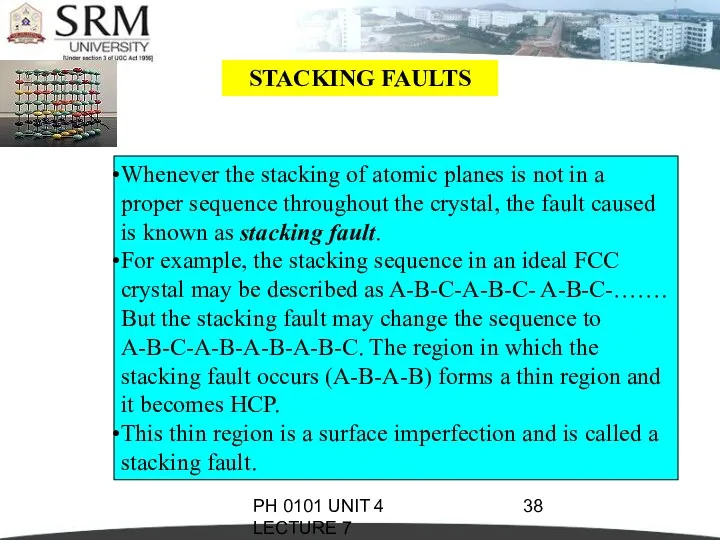 PH 0101 UNIT 4 LECTURE 7 STACKING FAULTS Whenever the stacking of atomic