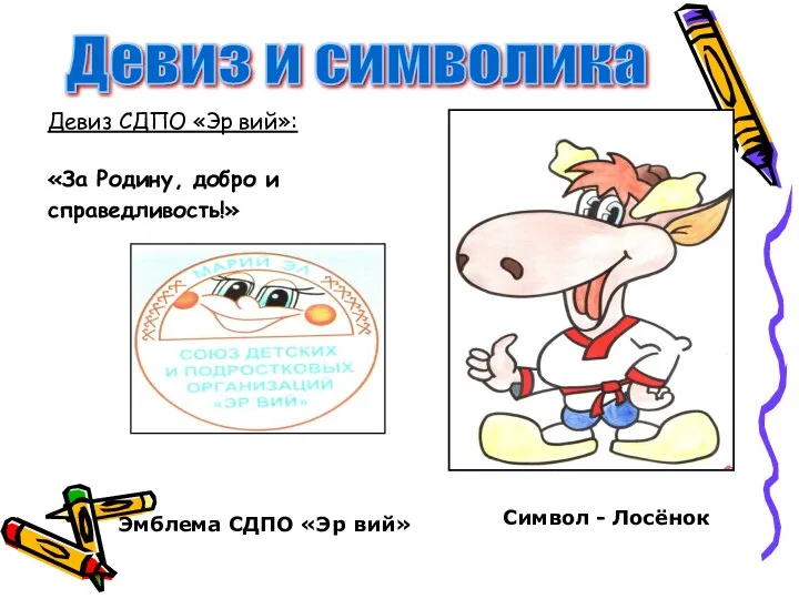 Девиз СДПО «Эр вий»: «За Родину, добро и справедливость!» Девиз и символика Эмблема