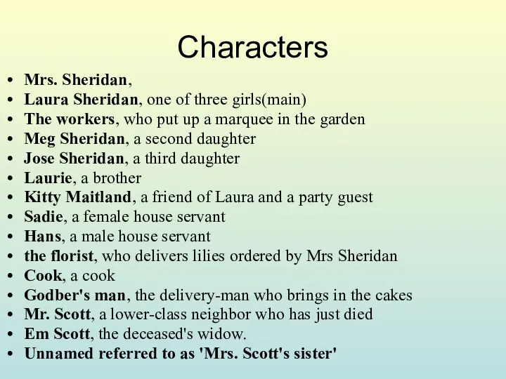 Characters Mrs. Sheridan, Laura Sheridan, one of three girls(main) The