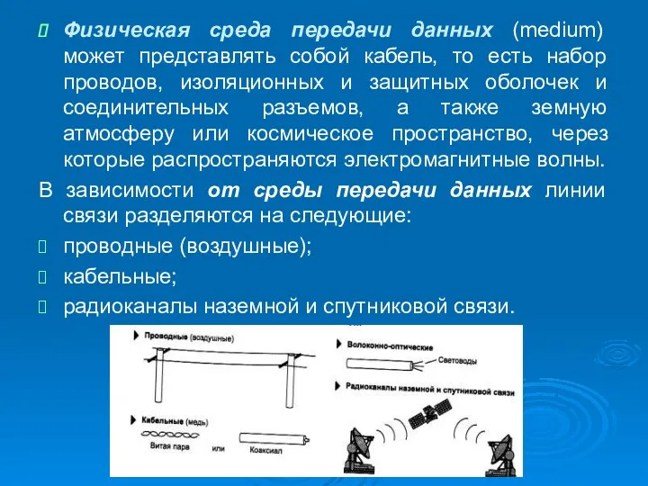 Физическая среда передачи данных (medium) может представлять собой кабель, то