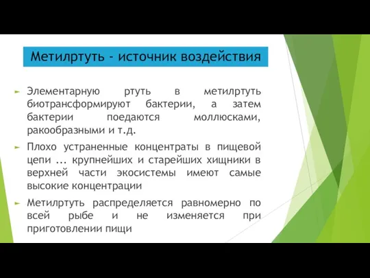 Метилртуть - источник воздействия Элементарную ртуть в метилртуть биотрансформируют бактерии,