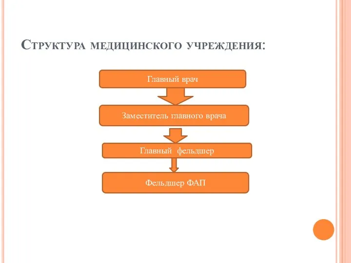 Структура медицинского учреждения: Главный врач Заместитель главного врача Главный фельдшер Фельдшер ФАП