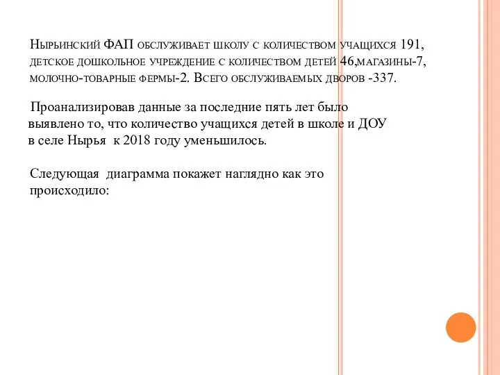 Нырьинский ФАП обслуживает школу с количеством учащихся 191, детское дошкольное учреждение с количеством