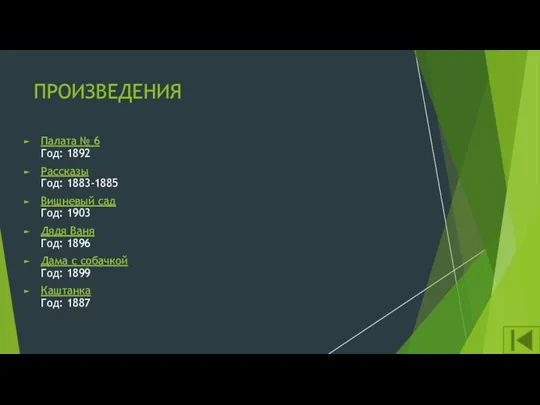 ПРОИЗВЕДЕНИЯ Палата № 6 Год: 1892 Рассказы Год: 1883-1885 Вишневый