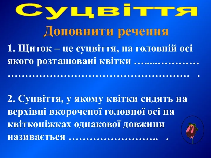 Доповнити речення Суцвіття 1. Щиток – це суцвіття, на головній