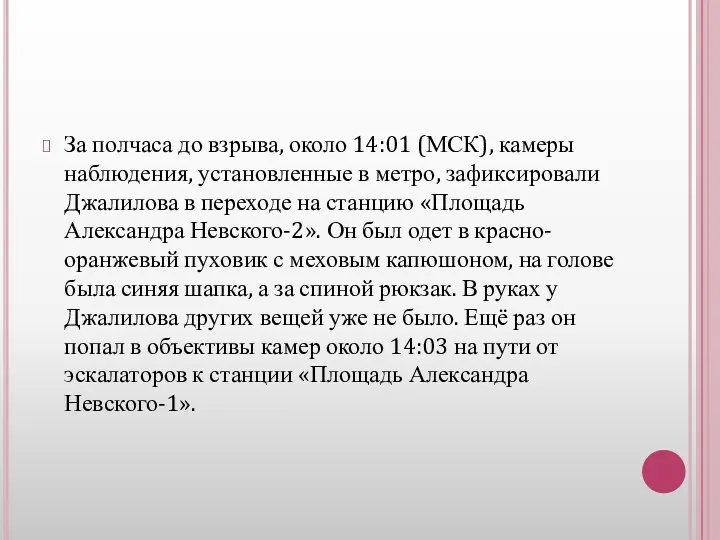 За полчаса до взрыва, около 14:01 (МСК), камеры наблюдения, установленные