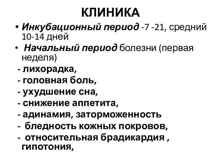 КЛИНИКА Инкубационный период -7 -21, средний 10-14 дней Начальный период