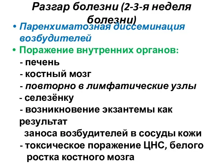 Разгар болезни (2-3-я неделя болезни) Паренхиматозная диссеминация возбудителей Поражение внутренних