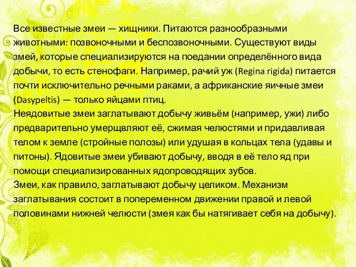 Все известные змеи — хищники. Питаются разнообразными животными: позвоночными и