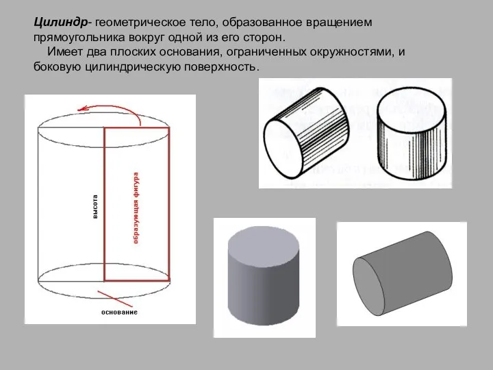 Цилиндр- геометрическое тело, образованное вращением прямоугольника вокруг одной из его