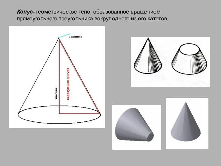 Конус- геометрическое тело, образованное вращением прямоугольного треугольника вокруг одного из его катетов.