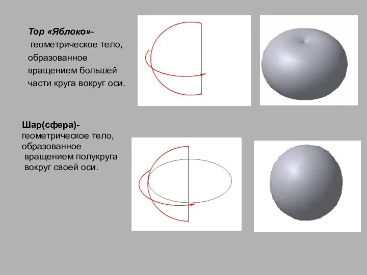 Тор «Яблоко»- геометрическое тело, образованное вращением большей части круга вокруг оси. Шар(сфера)- геометрическое