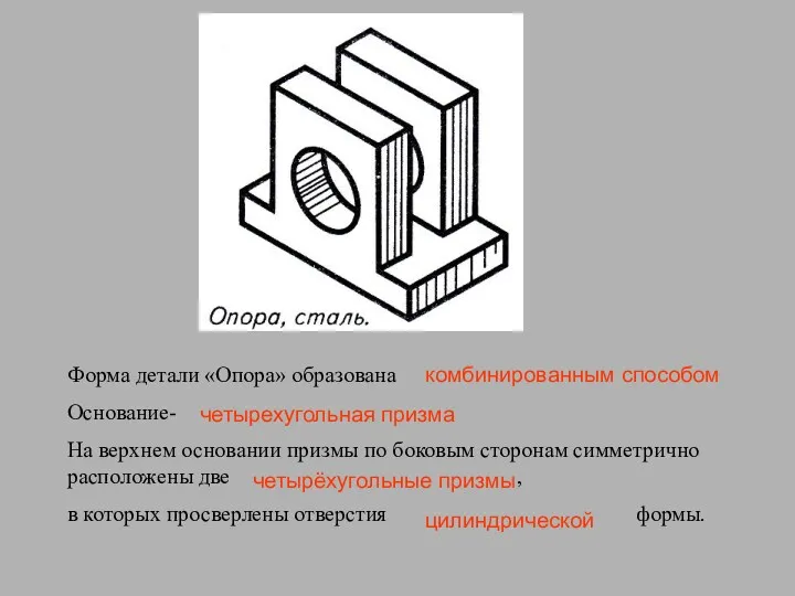 Форма детали «Опора» образована Основание- На верхнем основании призмы по боковым сторонам симметрично