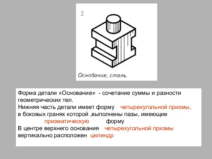 Форма детали «Основание» - сочетание суммы и разности геометрических тел. Нижняя часть детали