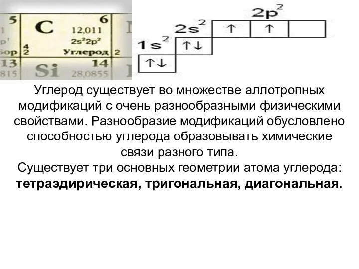 Углерод существует во множестве аллотропных модификаций с очень разнообразными физическими