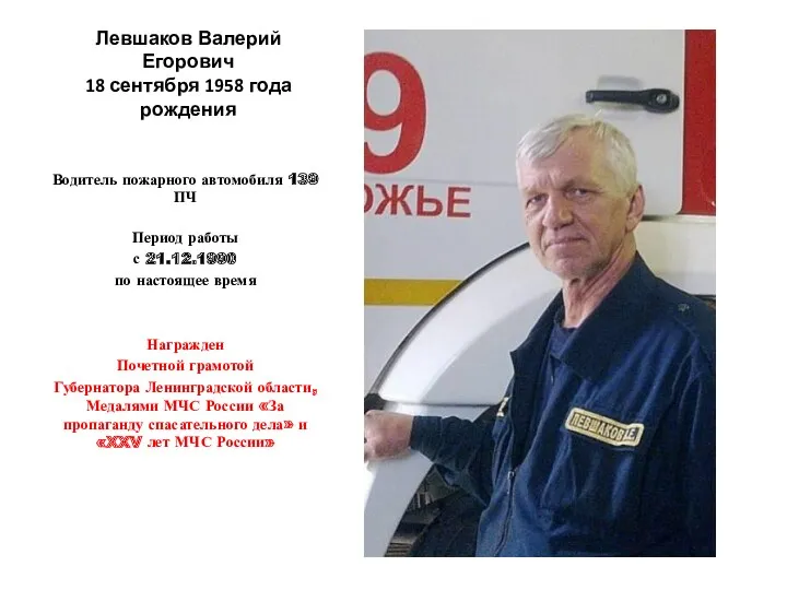 Левшаков Валерий Егорович 18 сентября 1958 года рождения Водитель пожарного автомобиля 139 ПЧ