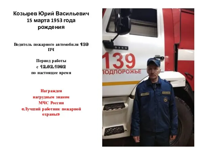 Козырев Юрий Васильевич 15 марта 1953 года рождения Водитель пожарного автомобиля 139 ПЧ