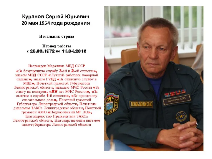 Куранов Сергей Юрьевич 20 мая 1954 года рождения Начальник отряда Период работы с