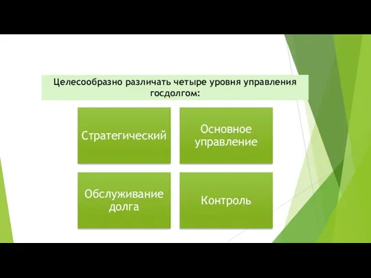 Целесообразно различать четыре уровня управления госдолгом: