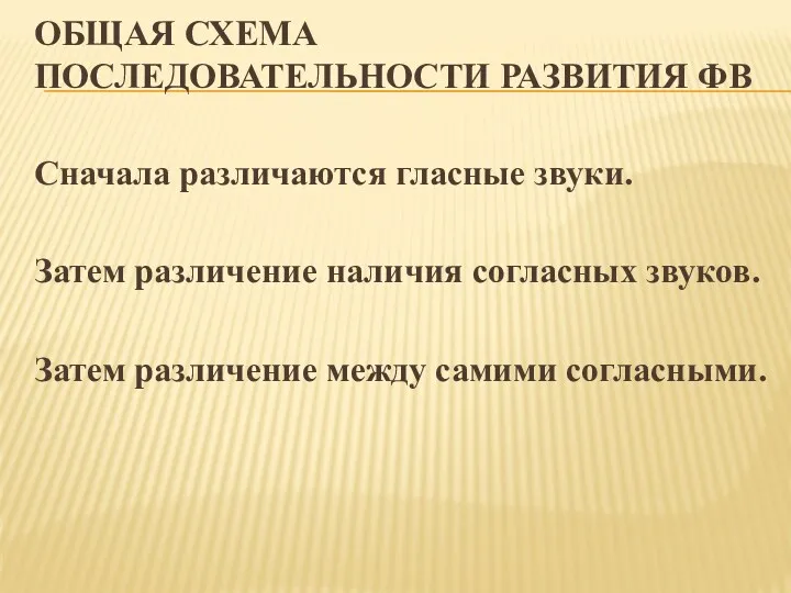 ОБЩАЯ СХЕМА ПОСЛЕДОВАТЕЛЬНОСТИ РАЗВИТИЯ ФВ Сначала различаются гласные звуки. Затем