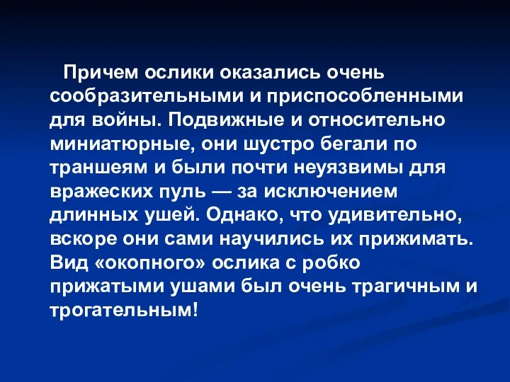 Причем ослики оказались очень сообразительными и приспособленными для войны. Подвижные