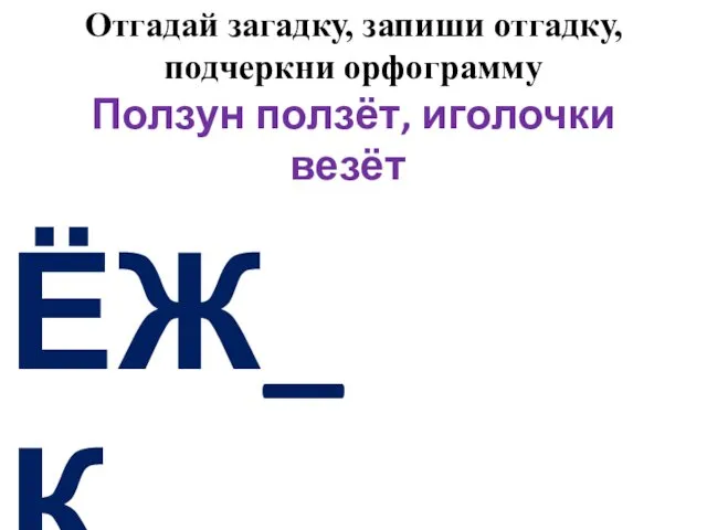 Отгадай загадку, запиши отгадку, подчеркни орфограмму Ползун ползёт, иголочки везёт. ЁЖ_К И