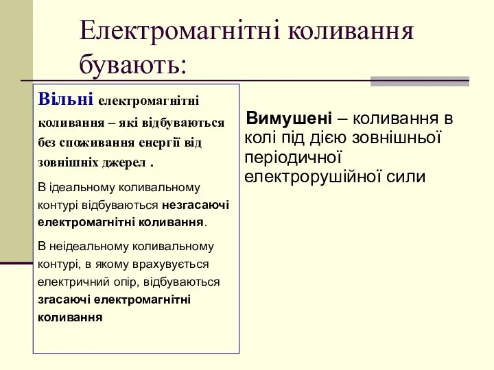 Електромагнітні коливання бувають: Вимушені – коливання в колі під дією