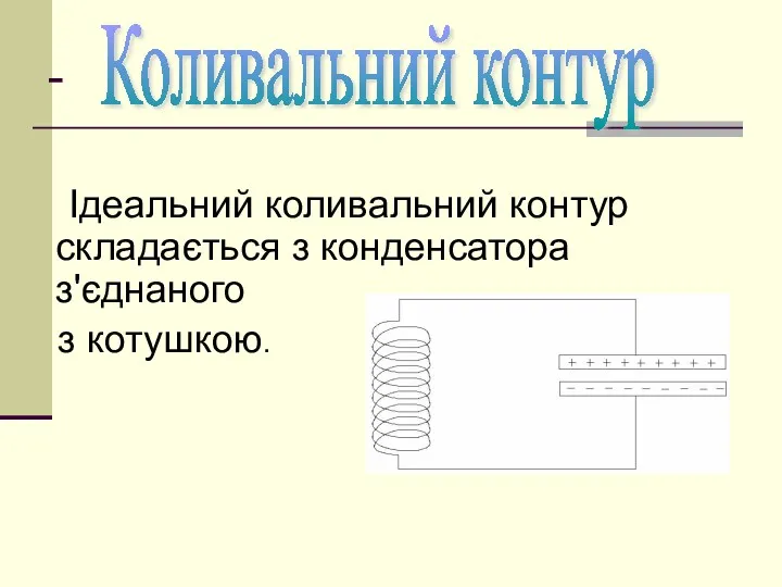 - Ідеальний коливальний контур складається з конденсатора з'єднаного з котушкою. Коливальний контур L C