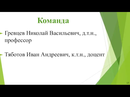 Команда Гревцев Николай Васильевич, д.т.н., профессор Тяботов Иван Андреевич, к.т.н., доцент