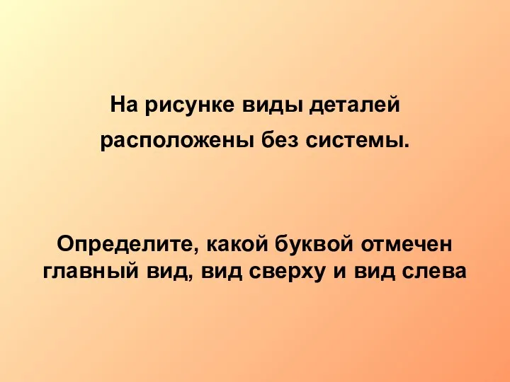 На рисунке виды деталей расположены без системы. Определите, какой буквой