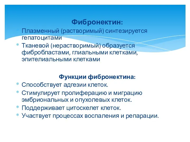 Фибронектин: Плазменный (растворимый) синтезируется гепатоцитами Тканевой (нерастворимый) образуется фибробластами, глиальными