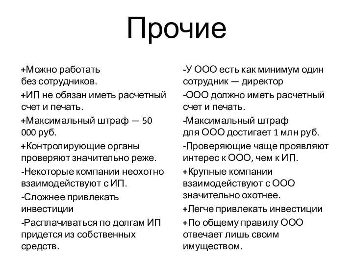 Прочие +Можно работать без сотрудников. +ИП не обязан иметь расчетный