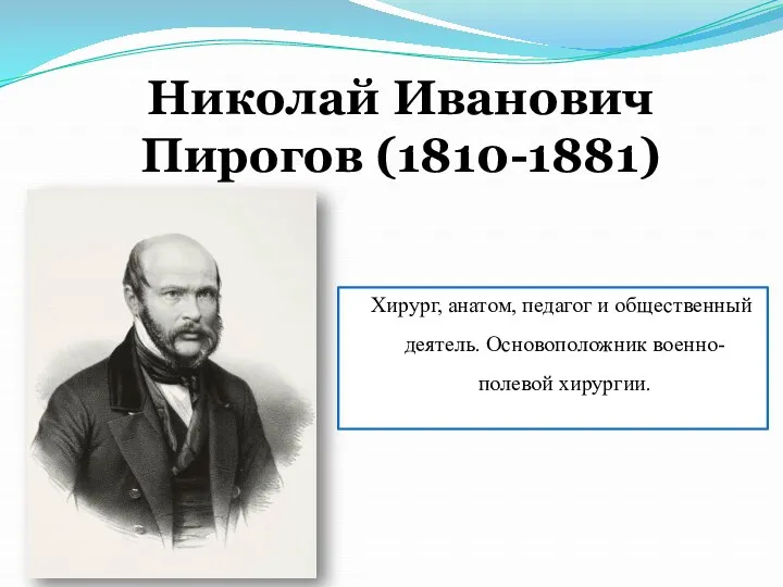 Николай Иванович Пирогов (1810-1881) Хирург, анатом, педагог и общественный деятель. Основоположник военно-полевой хирургии.