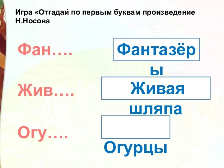 Игра «Отгадай по первым буквам произведение Н.Носова Фан…. Фантазёры Жив…. Огу…. Живая шляпа Огурцы