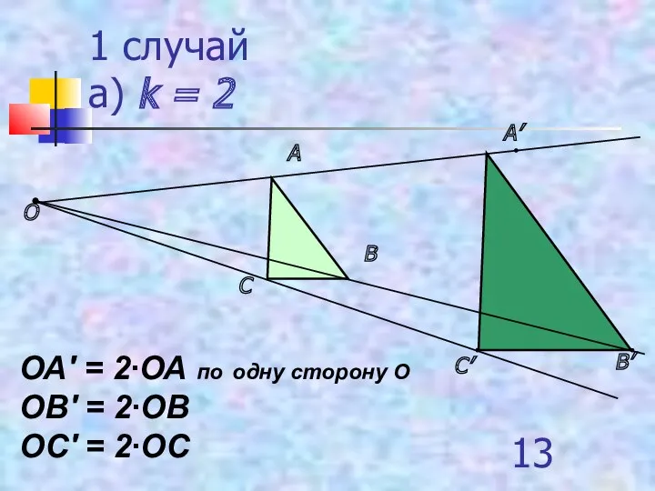 1 случай а) k = 2 О ОА′ = 2∙ОА