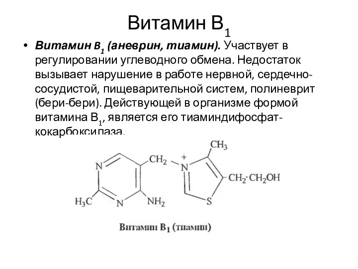 Витамин В1 Витамин B1 (аневрин, тиамин). Участвует в регулировании углеводного