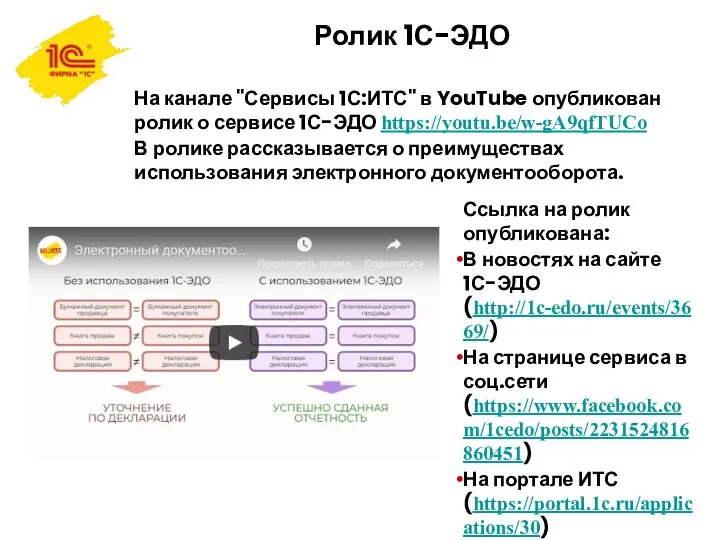 Ролик 1С-ЭДО На канале "Сервисы 1С:ИТС" в YouTube опубликован ролик