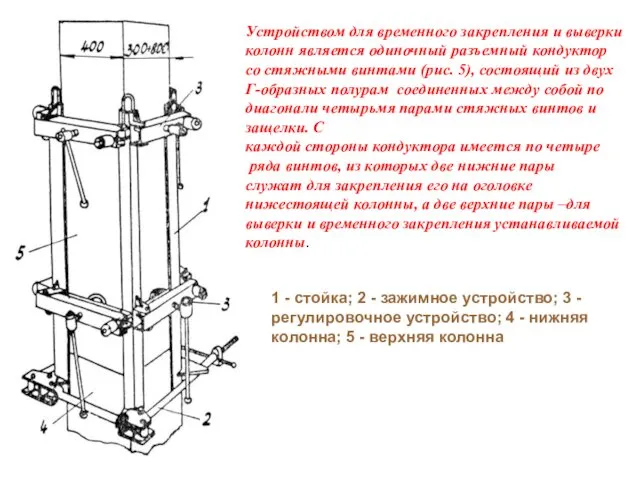 Устройством для временного закрепления и выверки колонн является одиночный разъемный кондуктор со стяжными