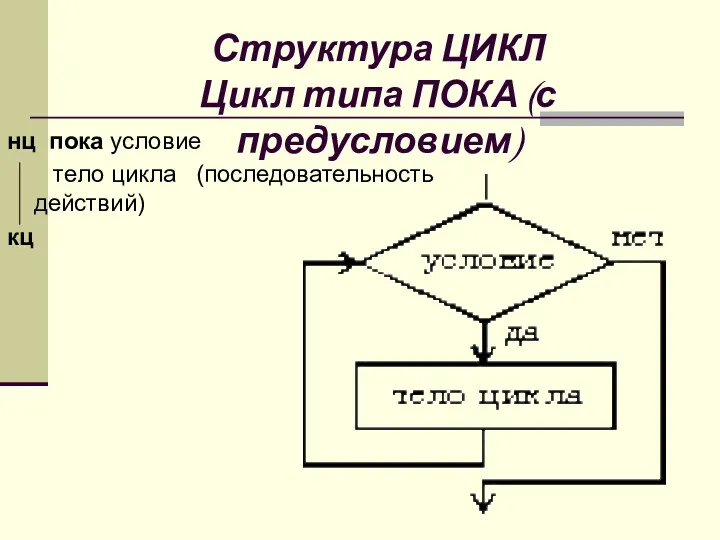 Структура ЦИКЛ Цикл типа ПОКА (с предусловием) нц пока условие тело цикла (последовательность действий) кц