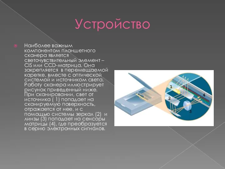 Устройство Наиболее важным компонентом планшетного сканера является светочувствительный элемент –