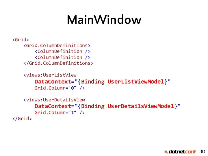 MainWindow DataContext="{Binding UserListViewModel}" Grid.Column="0" /> DataContext="{Binding UserDetailsViewModel}" Grid.Column="1" />
