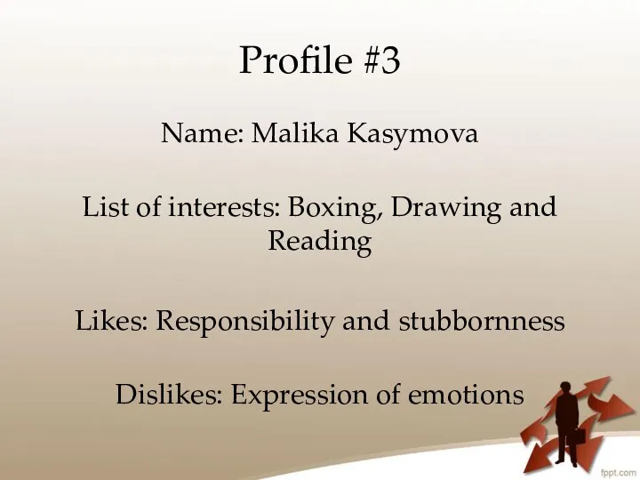 Profile #3 Name: Malika Kasymova List of interests: Boxing, Drawing
