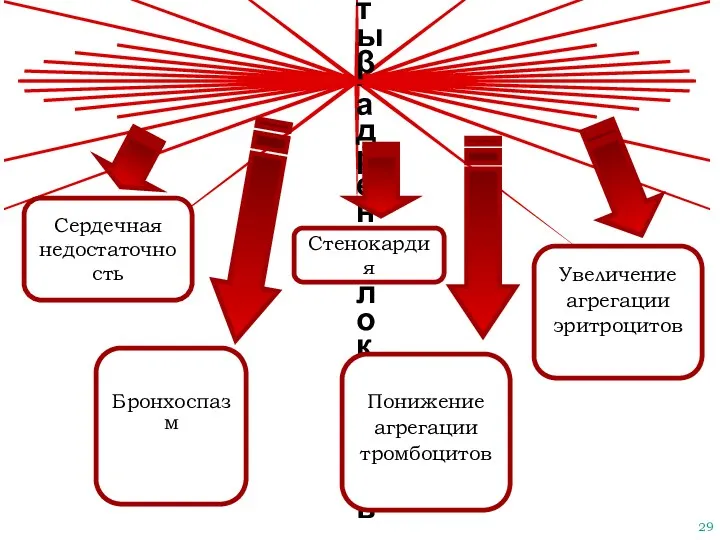 Побочные эффекты β-адреноблокаторов Сердечная недостаточность Бронхоспазм Стенокардия Понижение агрегации тромбоцитов Увеличение агрегации эритроцитов