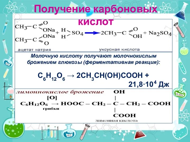 Получение карбоновых кислот Молочную кислоту получают молочнокислым брожением глюкозы (ферментативная