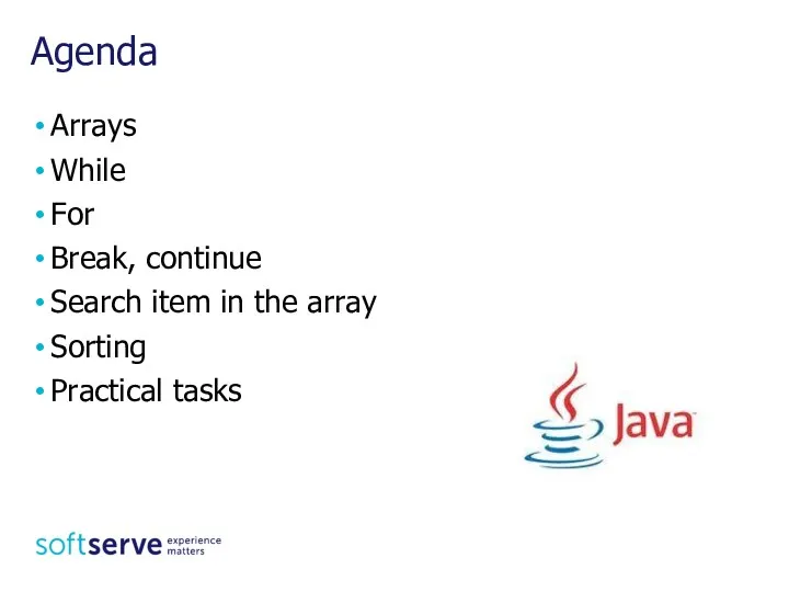 Agenda Arrays While For Break, continue Search item in the array Sorting Practical tasks